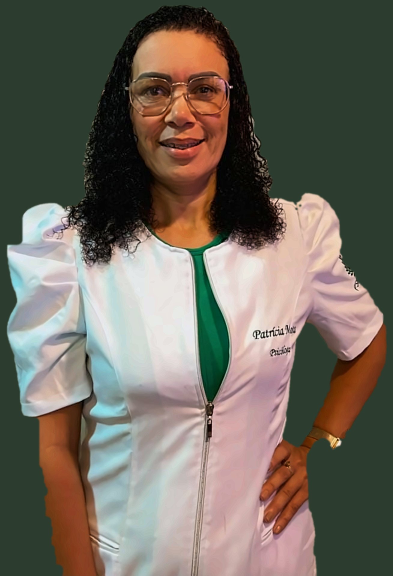 Patrícia Mota, psicóloga, de jaleco branco com o nome bordado, sorrindo com a mão apoiada na cintura.